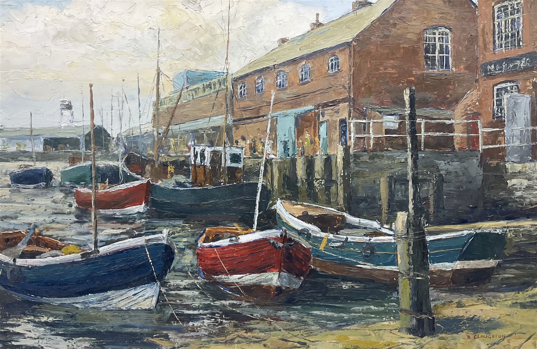 Barry Claughton (British 20th century): 'Scarborough Fishing Boats', oil on board signed, labelled verso 50cm x 75cm
