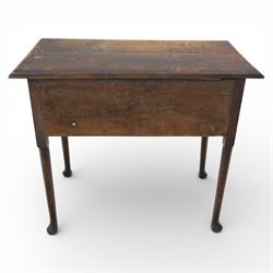 Georgian oak lowboy, the rectangular top with moulded edge over three fitted drawers and shaped apron, raised upon slender cabriole legs, with pad feet