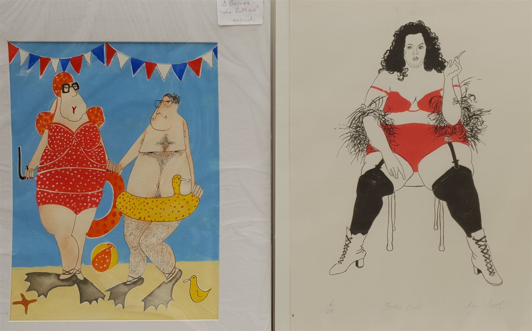 S Barnes (British Contemporary): 'The Bathers', watercolour unsigned 40cm x 30cm; Kay Scott (British Contemporary): 'Bertha Bud', screenprint signed titled and numbered 6/20 in pencil 40cm x 24cm; Ann Edwards (British Contemporary): 'Well Coordinated' and 'Foo Foo Lamar', pair screenprints signed titled and numbered in pencil 30cm x 24cm (4) (unframed)