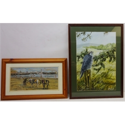  Donkeys on Scarborough Beach, 20th century pastel signed D A Cannon 19cm x 39cm and Bird on a Post, 20th century watercolour signed P. Holdstock 49cm x 33cm (2)  