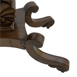 19th century mahogany tea table, fold-over swivel rectangular top with rounded corners, the frieze decorated with carved leaf motifs and applied beading, lyre shaped support on carved anthemion, rectangular platform on four out-splayed S-scroll supports with brass castors 