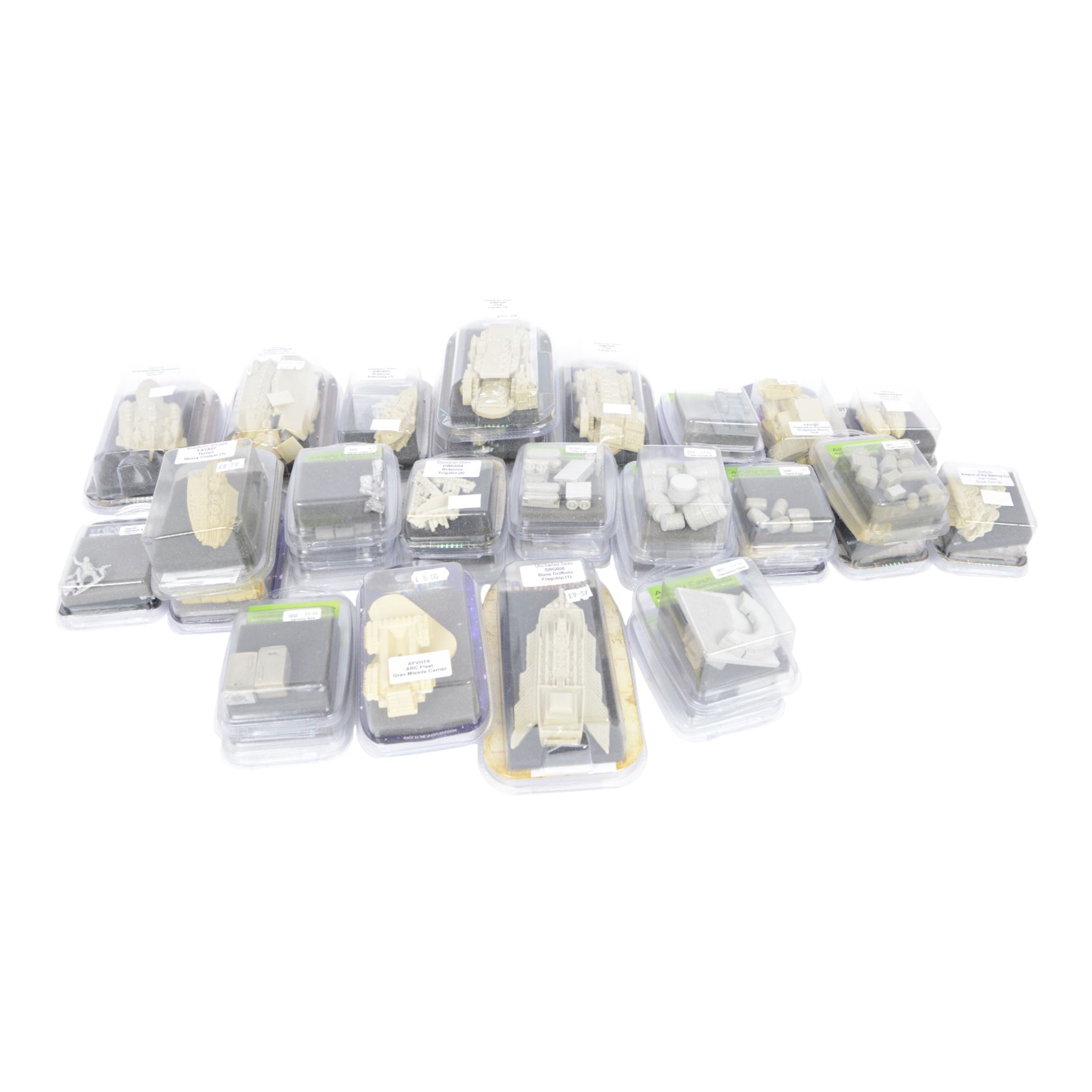 Collection of sci-fi gaming miniatures, including vehicles, space ships and trade goods, from Dystopian Wars, Ainsty Casting, Critical Mass and Firestorm Armada, all within blister packaging 