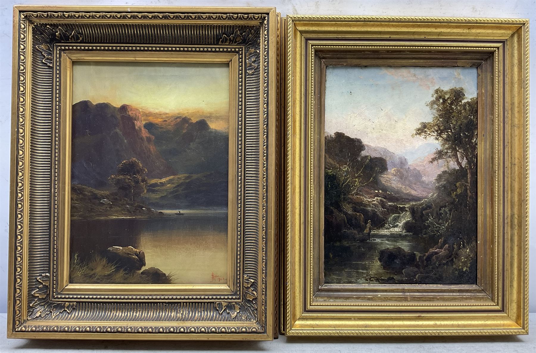 Joel Owen aka Francis E Jamieson (British 1895-1950): 'A Golden Evening - Lochearnhead', oil on canvas signed and indistinctly dated, titled verso, together with a similar oil by another hand indistinctly signed 34cm x 24cm (2)