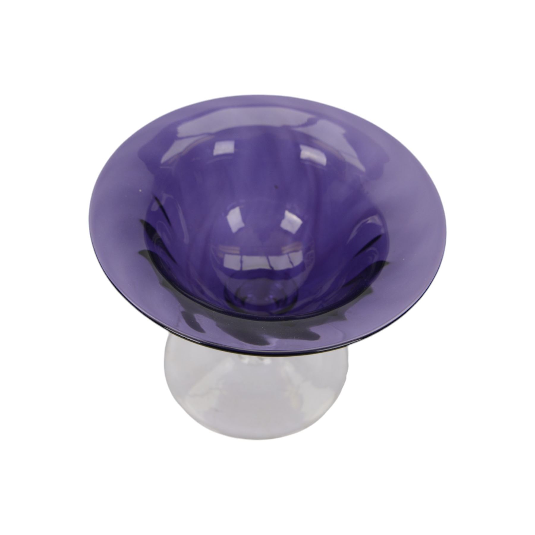 Gillies Jones of Rosedale oversized wine glass, decorated with white abstract decoration, together with a smaller Gillies Jones of Rosedale trumpet shaped wine glass with applied coloured glass ribbon to stem and a Deborah Fladgate purple fluted glass dish, all signed to base, tallest H24.5cm