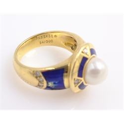  Victor Mayer for Faberge diamond, pearl and blue enamel 18ct gold ring, limited edition stamped 750 Faberge 34/300 with certificate  