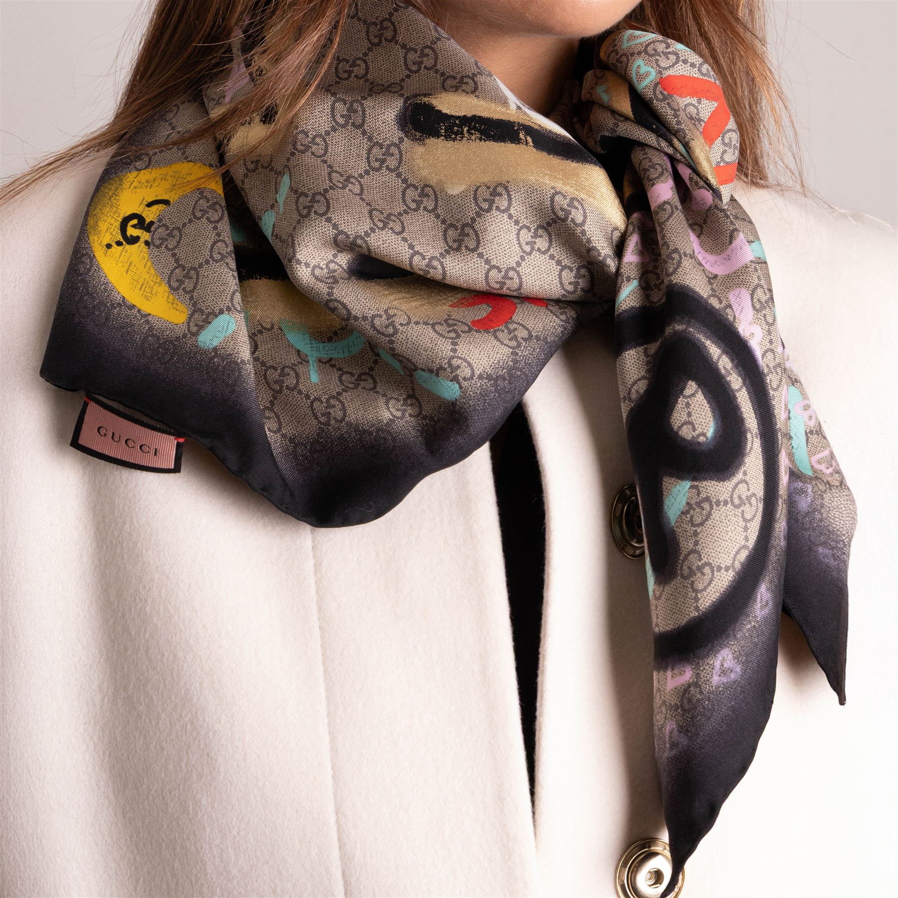 Gucci - 'Gucci Ghost' silk scarf, from the Trouble Andrew collaboration, with graffiti-style logo, heart and signature GG monogram design, 85cm x 85cm, unused with original box and label