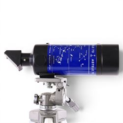 Three pairs of binoculars comprising Helios Stellar 15x70, Miranda 7x50 and Kershaw, together with a Lomo Astele 70 telescope on Velbron AF-2 tripod