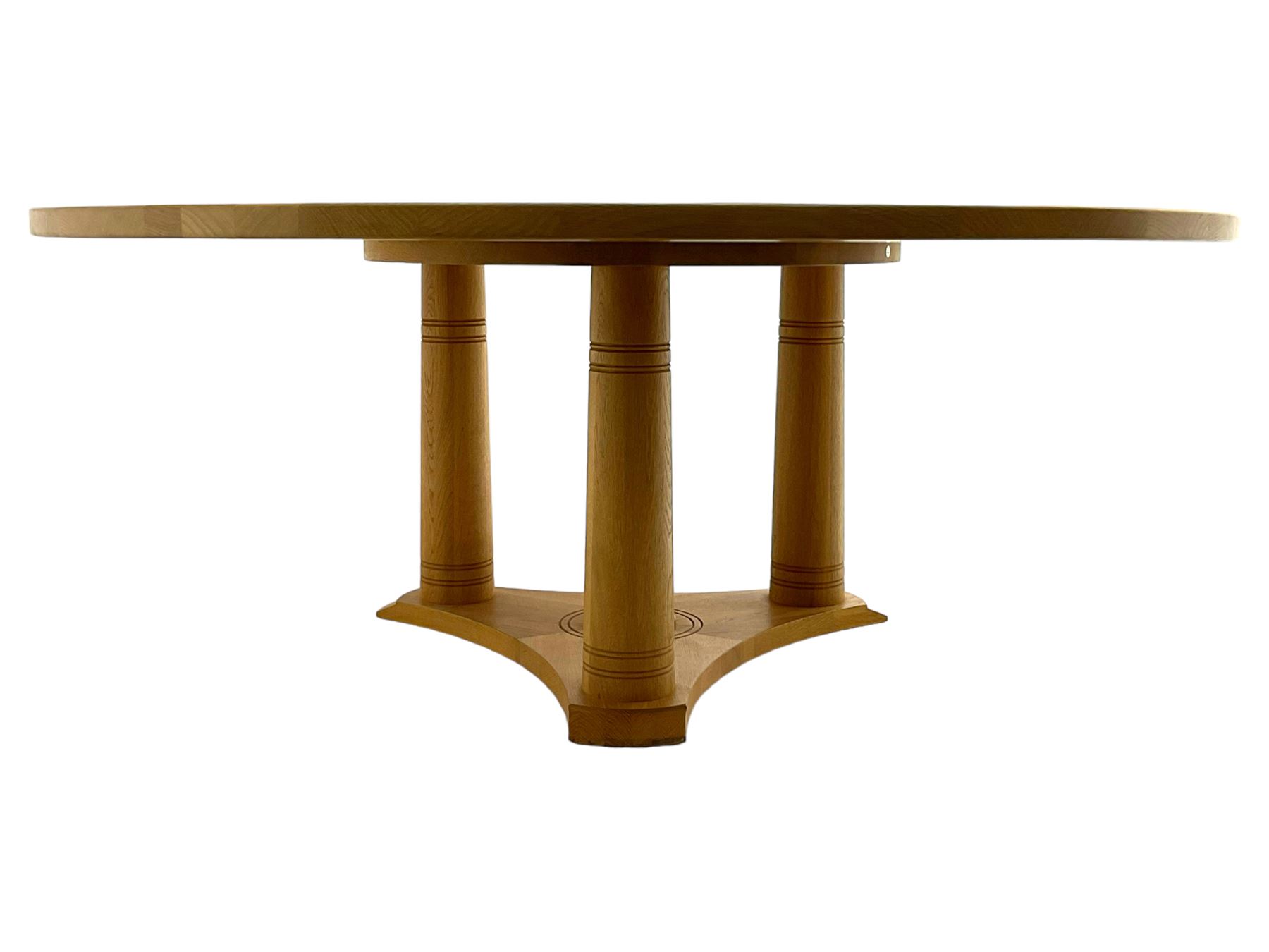 Chris Berry for Berrydesign - contemporary bespoke solid light oak dining table, circular top over ring turned triple pedestal with triform base