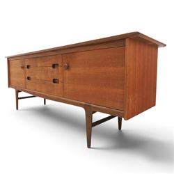 John Herbert for Youngers - 'Fonseca' mid-century teak sideboard, rectangular top above a central bank of three drawers one fitted for cutlery, flanked by cupboards with fixed shelved interior, raised on tapering supports 