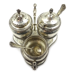  Late Victorian three piece silver cruet with matching spoons and trefoil stand by Goldsmiths & Silversmiths Co (William Gibson & John Lawrence Langman) London 1897,  9.5oz   