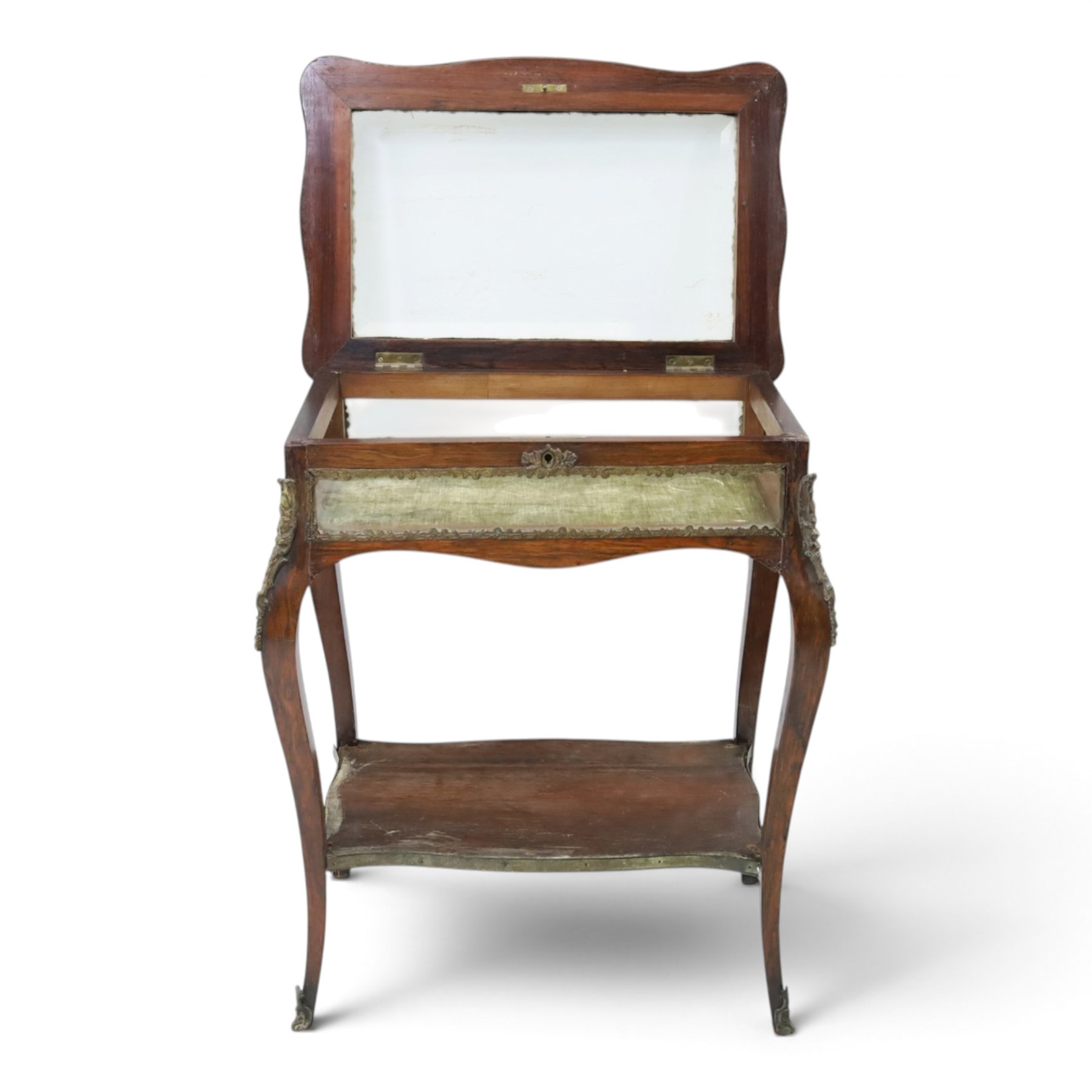 Louis XV style rosewood and marquetry bijouterie table,  glazed hinged top within a floral marquetry border and gilt metal moulded edge, above glazed sides and a baize lined interior, raised on cabriole legs with gilt metal mounts and sabots, united by an undertier