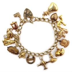  9ct gold charm bracelet with sixteen charms mostly hallmarked 9ct or stamped 375  