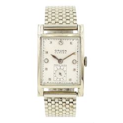 Gruen Curvex Precision gentleman's 14ct white gold manual wind wristwatch, back case No. 282688, rectangular silvered dial, with diamond dot markers at 12, 3 and 9 o'clock and subsidiary seconds dial, on 14ct white gold bracelet, both stamped 14K, with additional links
