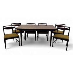 Tom Robertson for McIntosh of Kirkcaldy - mid-20th century 'Dunfermline' dining table, rectangular top with double concealed integral leaf, raised on tapered supports; complete with set of six (4+2) McIntosh dining chairs
