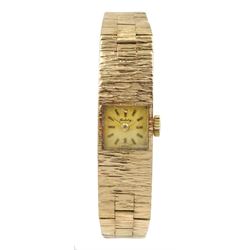 Berkeley 9ct gold ladies manual wind wristwatch, on 9ct gold bark effect bracelet, hallmarked