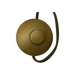 Contemporary brushed metal standard lamp, brass effect with cylindrical stem, on circular base, H131cm; matching table lamp, H35cm (2)