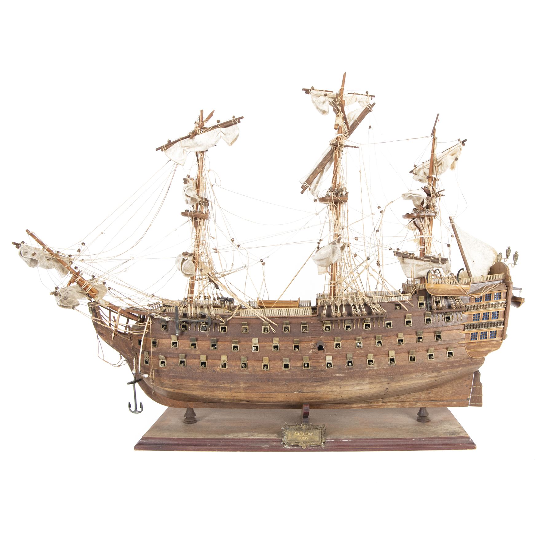 Wooden scale model of HMS Victory, upon a wooden stand with name plaque, H72cm L92cm