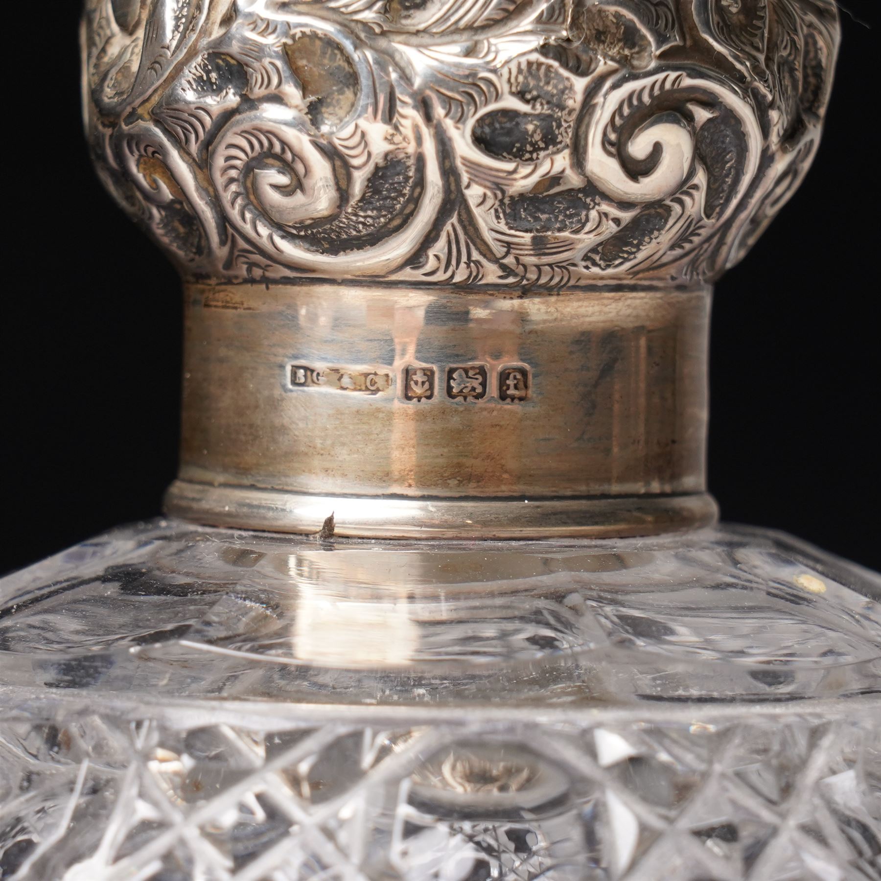 Edwardian glass globe scent flask with silver cover H13cm Birmingham 1905 and another of etched panel sided form with silver cover by Hilliard &Thomason (2)