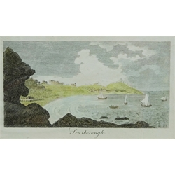  'The South View of Scarborough with the Present Situation of the Spaw Feb. 10th 1737/8', 18th century engraving by John Haynes pub. by same hand 1738, 'Scarborough', 18th century engraving unsigned, Pier at Scarborough' and ..'from the Sea, two other 19th century engravings max 28cm x 51cm one unframed (4)  