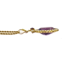  Victorian amethyst and seed pearl gold pendant stamped 15ct on gold chain necklace stamped 9ct  