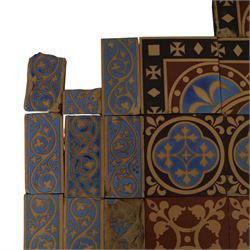 Minton & Co, Gothic Revival polychrome encaustic floor tiles, circa 1850, including six decorated with a central cardinal quatrefoil upon a blue ground, boarder tiles with scrolling vines and similar