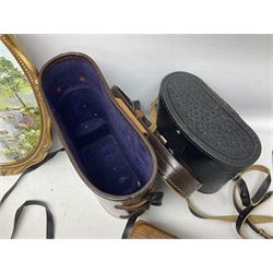 Three pairs of binoculars to include Enbeeco Concord and Bresser, Palestine police patch, framed pictures etc