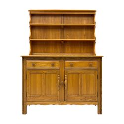 Ercol - golden dawn light elm dresser, plate rack above two drawers and two cupboard doors with sliding wooden lock mechanism 