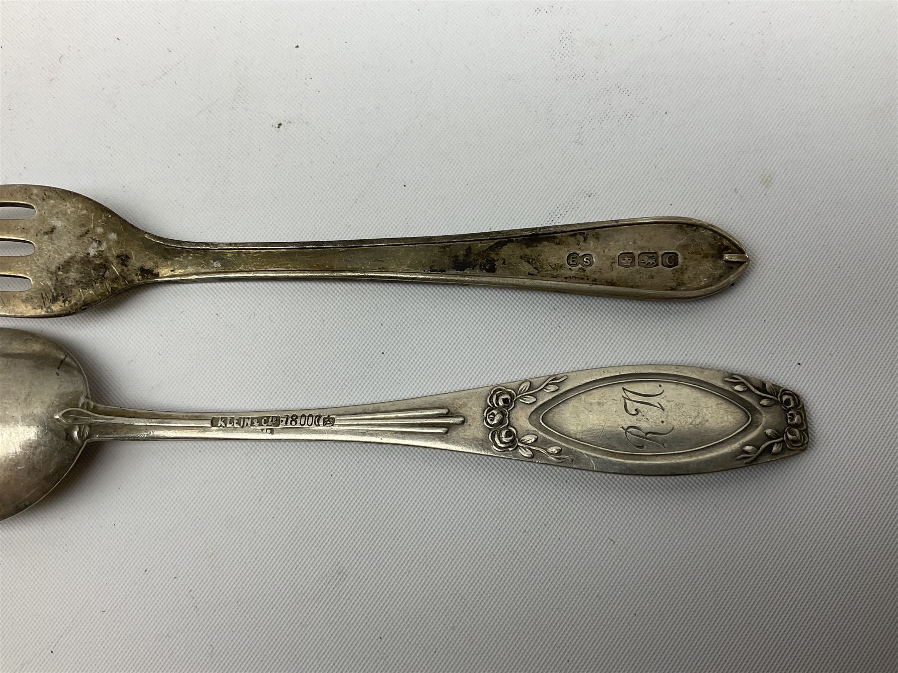 Modern silver mounted blotter, with engine turned decoration, hallmarked Birmingham 1991, small group of silver flatware, and a silver plated cigarette case, approximate weighable silver 71.5 grams