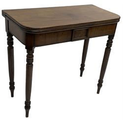 Victorian mahogany tea table, rectangular swivel fold-over top with rounded corners, on ring turned supports 