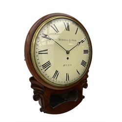 A single fusee 8-day drop dial mahogany cased wall clock, c1860 with a 14-1/2” wooden bezel and 12” painted convex dial, cast brass bezel and convex glass, dial with retailer's name “Bedell & Son, Hull”, Roman numerals, minute track and matching steel moon hands, with a recoil anchor escapement and rectangular movement plates, case with scroll carved ears and glazed pendulum aperture, pendulum location door and a pendulum regulation door to the curved base. With pendulum.
***Peter and Benjamin Bedell were a family of 19th century Hull clockmakers working from various locations in Hull between 1823 and 1872.
