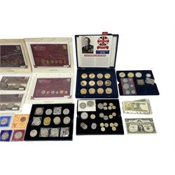 Coins and Banknotes, including six Queen Elizabeth II five pound coins, various commemorative crowns, fourteen old round one pound coins, pre-decimal coinage, Canadian one dollar banknote etc, in one box