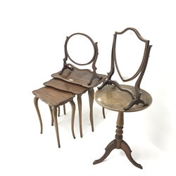  19th century mahogany pedestal table, turned column, three sabre supports (D46cm, H68cm) a nest of three tables and two toilet mirrors (4)  