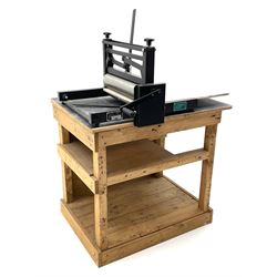 Tofko 'Norup Maxi' etching press, bench and accessories including: etching ink, rollers, varnish, etching ground etc. (bed size approx. 60cm x 41cm)