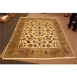  Meshed rug, ivory field with palmettes and boteh with palmette striped border, 298cm x 320cm  