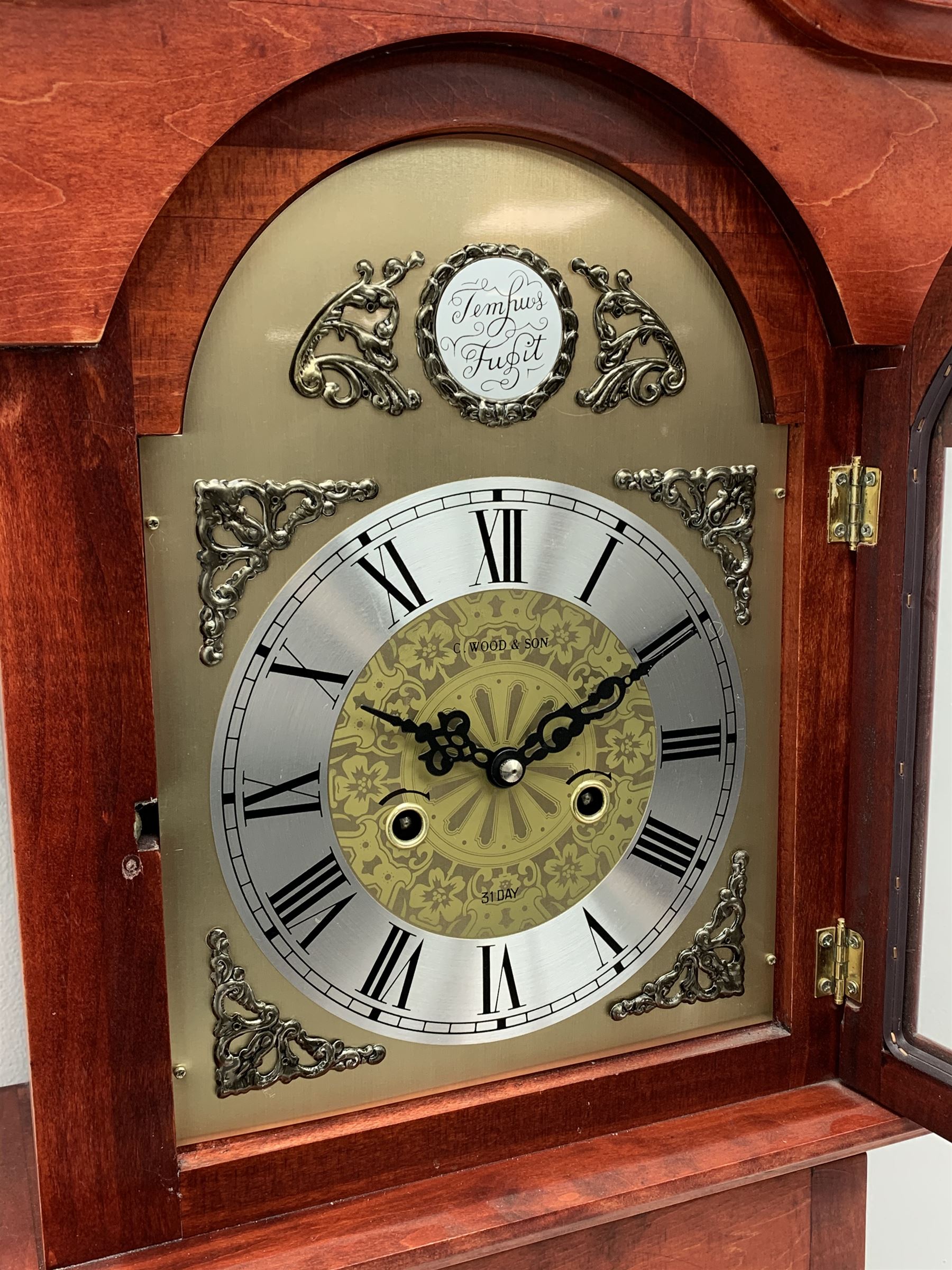 Contemporary stained beech longcase clock, Roman dial signed 'C. Wood