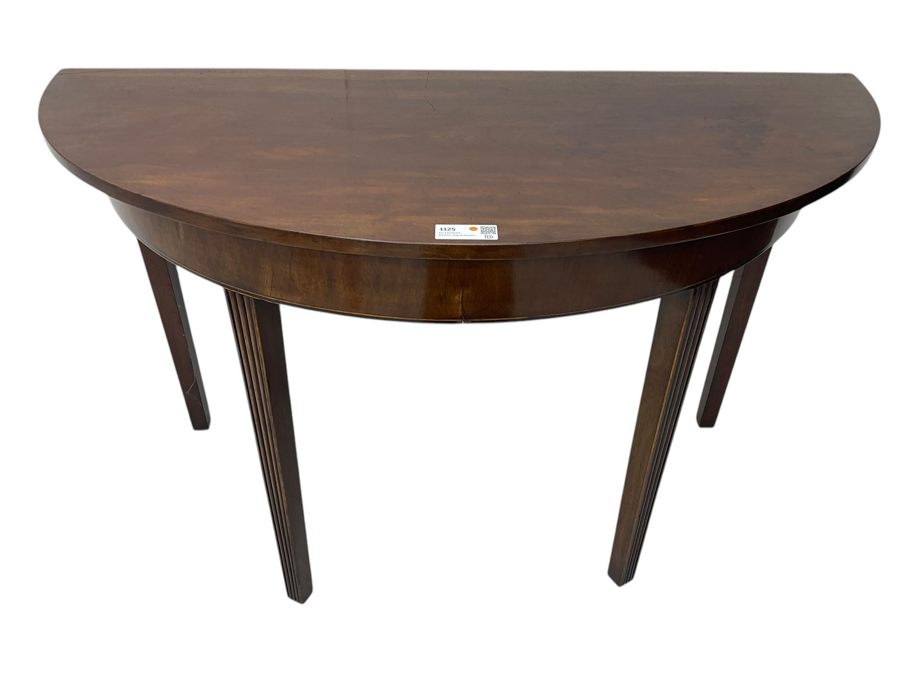 19th century mahogany demi-lune side table, semi-circular top with boxwood string inlay, raised on tapered and fluted supports