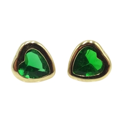  Pair of 9ct gold green stone set heart stud earrings, stamped 375  