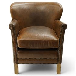 Halo - traditional tub design 'Cosy' club armchair, rolled arms with studwork terminals, upholstered in deep tan leather with loose seat cushion, on square supports