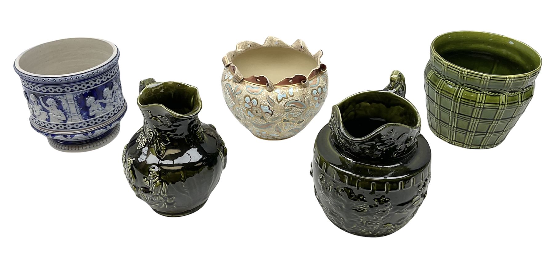 Three jardinières comprising West German Gerz example decorated in relief, Doulton Slaters example with frilled everted rim and a majolica example, and a further two Arthur Wood majolica jugs (5)