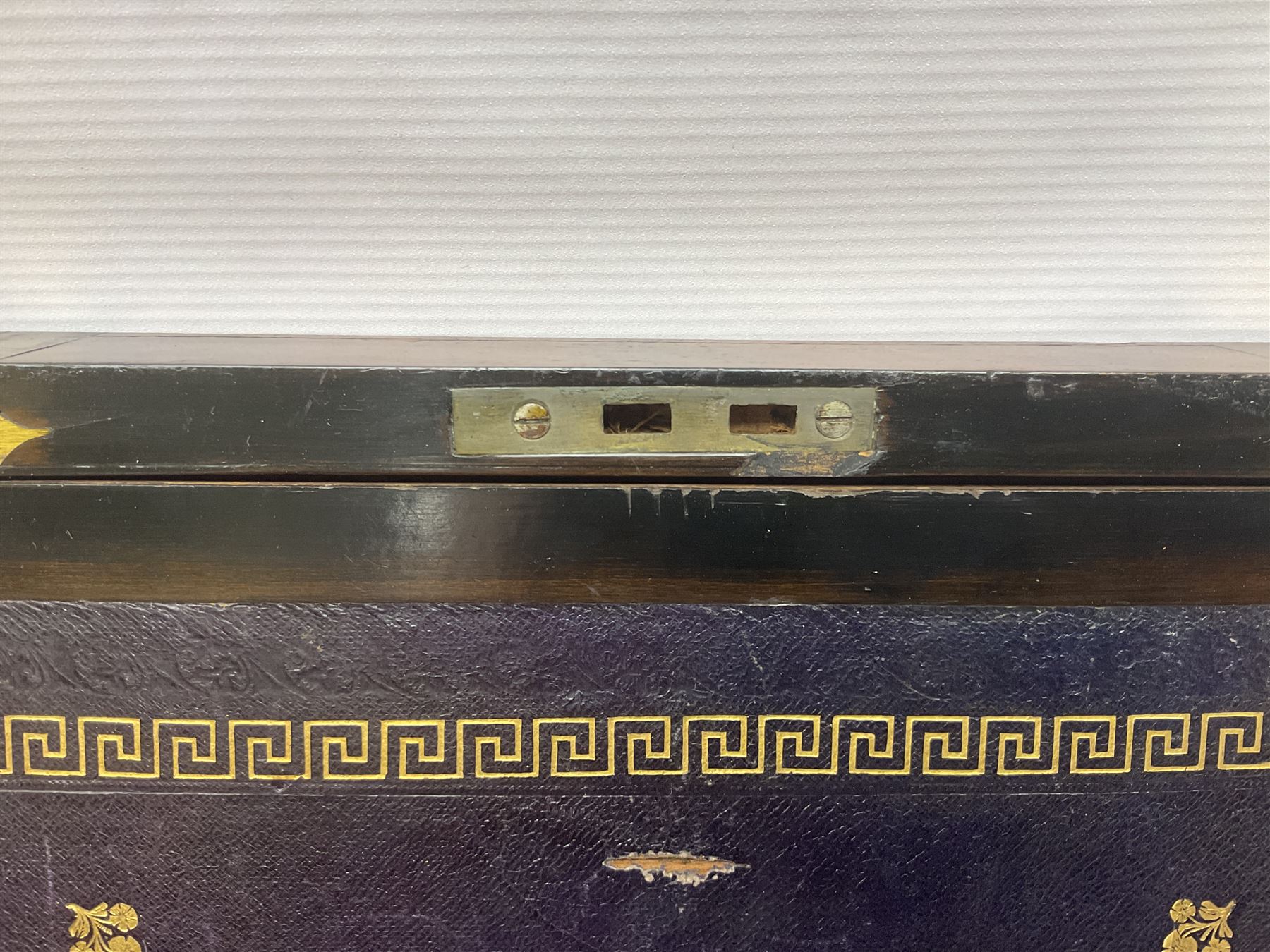 Victorian mahogany writing slope, the brass bound hinged cover opening to reveal tooled leather and gilt interior with two glass inkwells, together with a similar parquetry inlaid writing slope, with central mother of pearl inlay enrgraved 'Sarah', tallest H17cm 