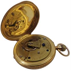 Victorian 18ct gold half hunter ladies keyless pocket watch by G E Searle & Son, Plymouth, No. 45189, gilt dial with Roman numerals, case engraved and engine turned with flower and scroll decoration with central cartouche, case by Philip Woodman & Sons, London 1886