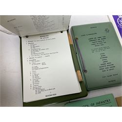 Collection of nineteen British Army booklets 1940s - 1970s including Small Arms Training 1944, various Infantry Training, Cadet Training Manual 1978, Signal Training, Commander's Aide Memoires etc; 1950s blue beret with Yorks Brigade badge; part travelling toilet set in cloth roll; all contained in pine box with webbing straps