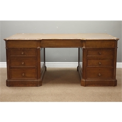  Large 20th century oak partners desk, canted and inverted break top inset with leather, five drawers to one side, two cupboard and three drawers to other, panelled sides, plinth base, W186cm, H79cm, D117cm  