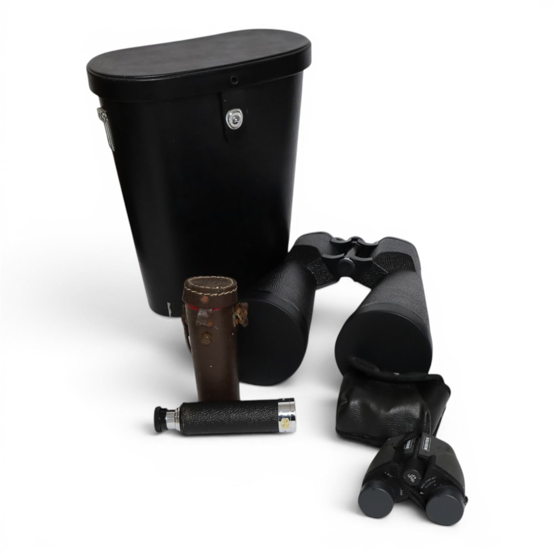Pair of Helios Stellar 20 x 80 field 3.5 binoculars, in carry case, together with a modern three-draw telescope and a pair of Sunagor Miniten binoculars