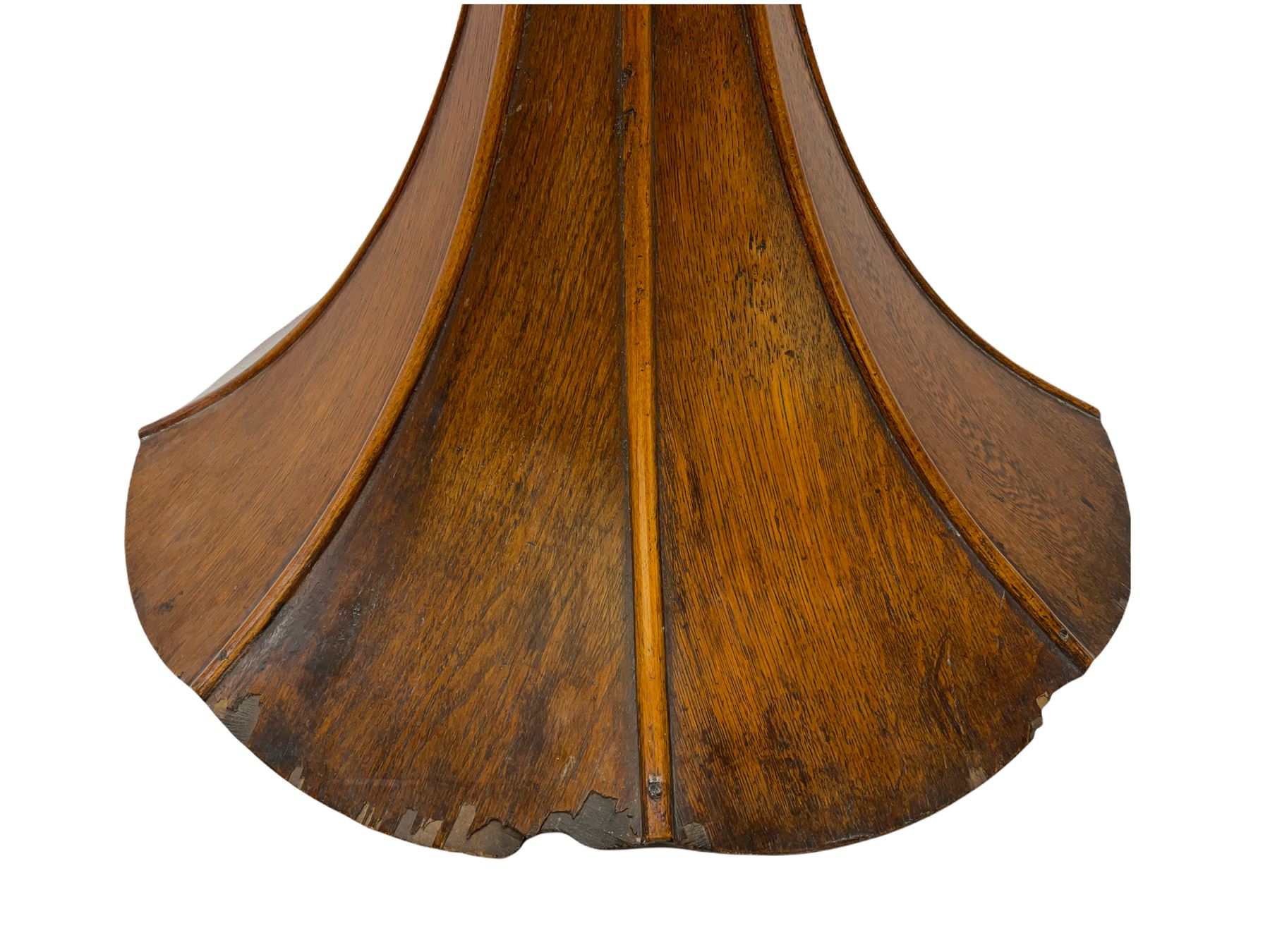 Early 20th century oak cased gramophone, the motor marked 'Garrard No.20 REF No.1030', with ribbed oak horn, base 30cm square; with one 78rpm record and Columbia tin of needles