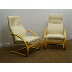  Pair Danish style lounge chairs, upholstered with a cream suede fabric, W69cm  