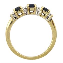 9ct gold three stone emerald cut sapphire ring, with baguette diamonds set between, hallmarked, total diamond weight 0.25 carat
