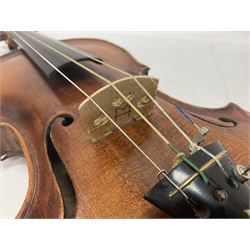 19th century full sized violin in a later hard case, decorative mother of pearl inlay to the tail piece Overall length 60cm No bow
