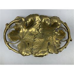Late 19th/early 20th century twin handled brass centrepiece dish in the form of oak leaves, raised upon four legs, L37cm