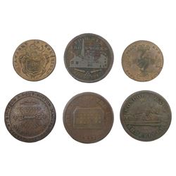 Six 18th and 19th century Sheffield tokens including 1794 half penny, 1812 Roscoe Mills one penny, 1813 Phoenix Iron Works one penny etc

